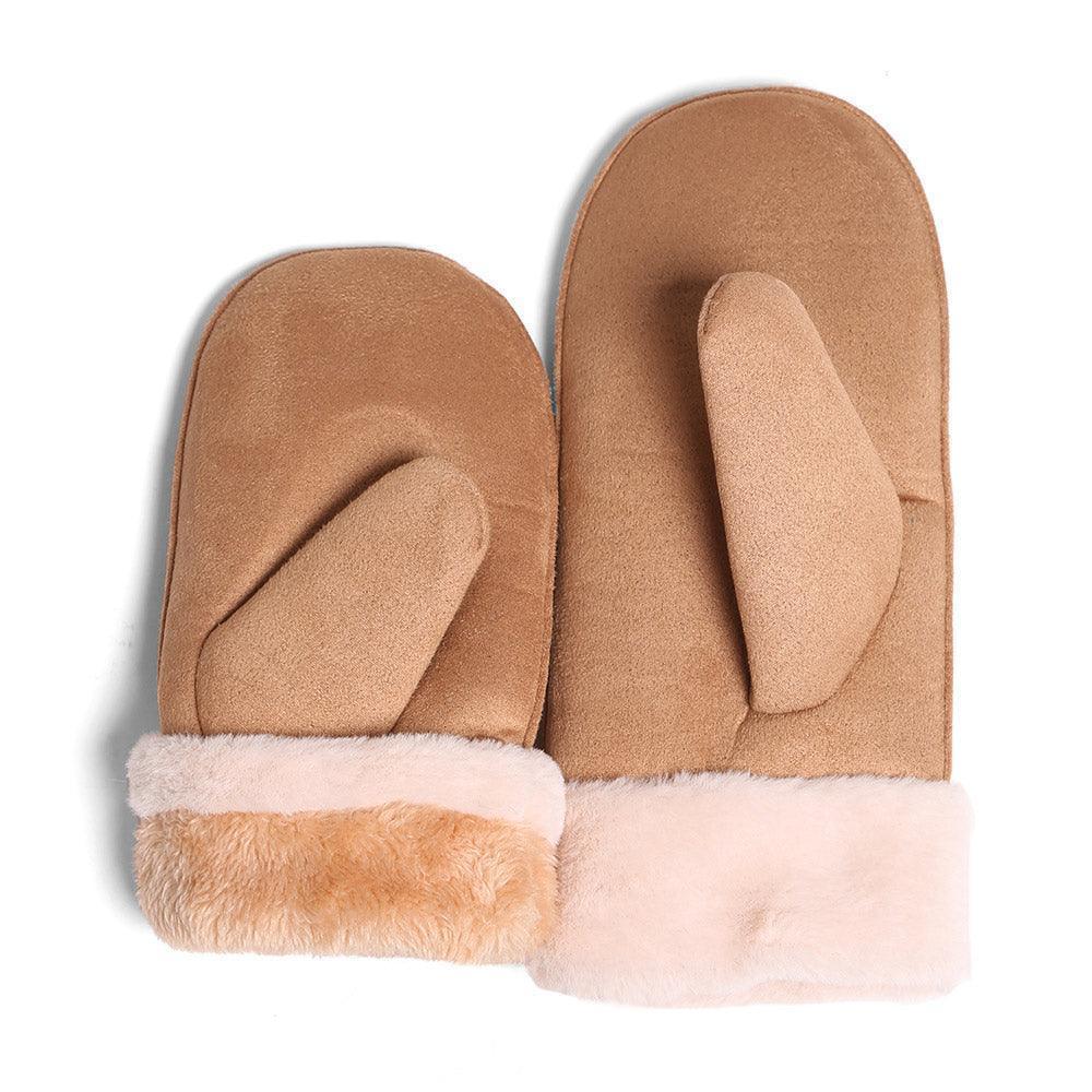 Camel Faux Fur Cuff Lining Suede Mitten Gloves - Jewelry Store by Erik Rayo