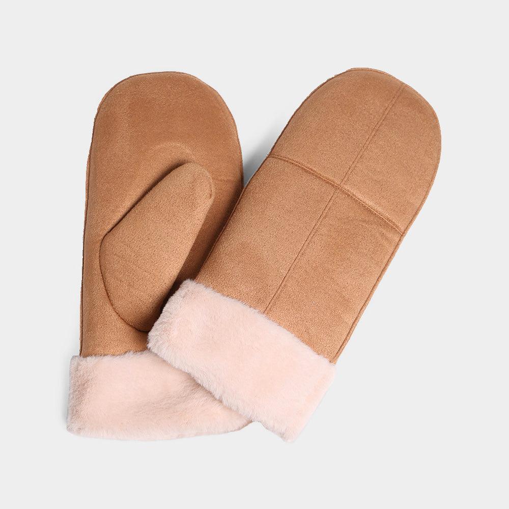 Camel Faux Fur Cuff Lining Suede Mitten Gloves - Jewelry Store by Erik Rayo