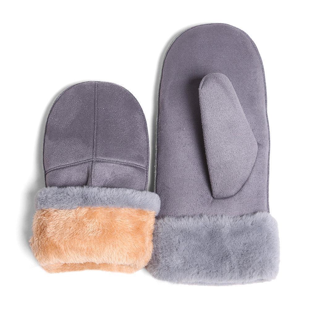 Gray Faux Fur Cuff Lining Suede Mitten Gloves - Jewelry Store by Erik Rayo