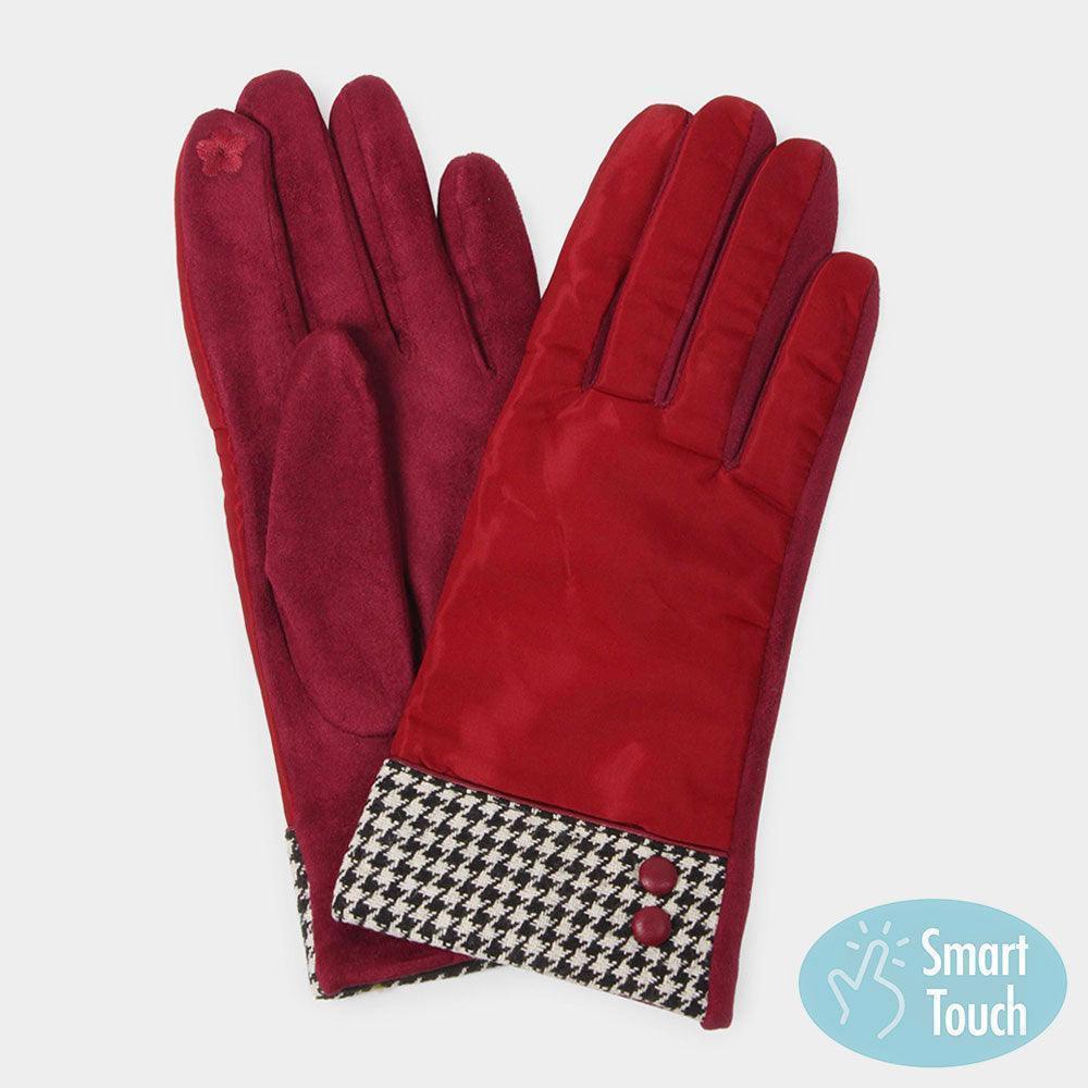 Burgundy Houndstooth Button Detail Smart Gloves - Jewelry Store by Erik Rayo