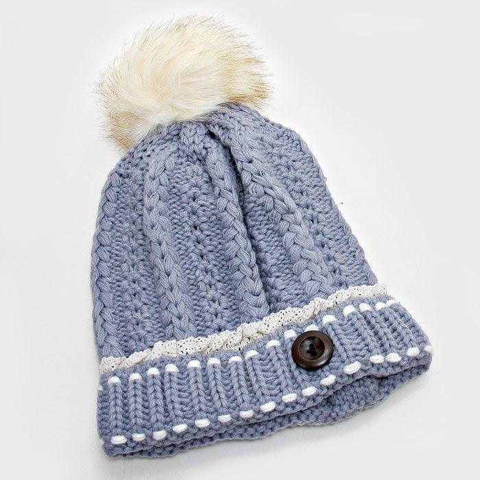 Button Accented Winter Knit Pom Pom Beanie Hat - Jewelry Store by Erik Rayo
