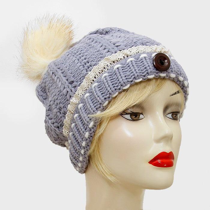 Button Accented Winter Knit Pom Pom Beanie Hat - Jewelry Store by Erik Rayo