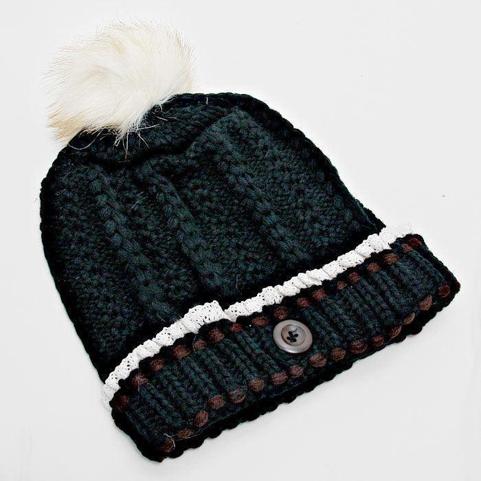 Button Accented Winter Knit Pom Pom Beanie Hat - Jewelry Store by Erik Rayo