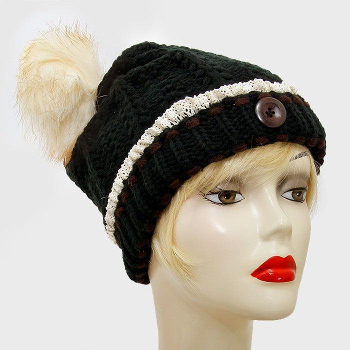 Button Accented Winter Knit Pom Pom Beanie Hat - Jewelry Store by Erik Rayo