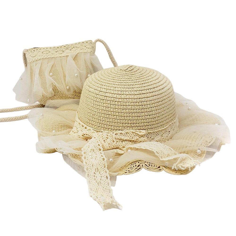 Straw Kids Sun Hat 2 Pack Pearl Embellished Crossbody Bag Set Sunny