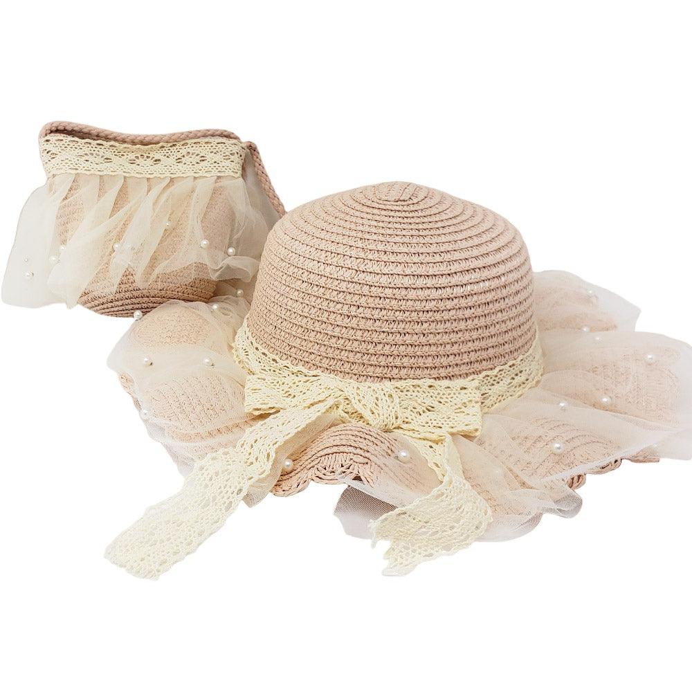 Straw Kids Sun Hat 2 Pack Pearl Embellished Crossbody Bag Set Summer