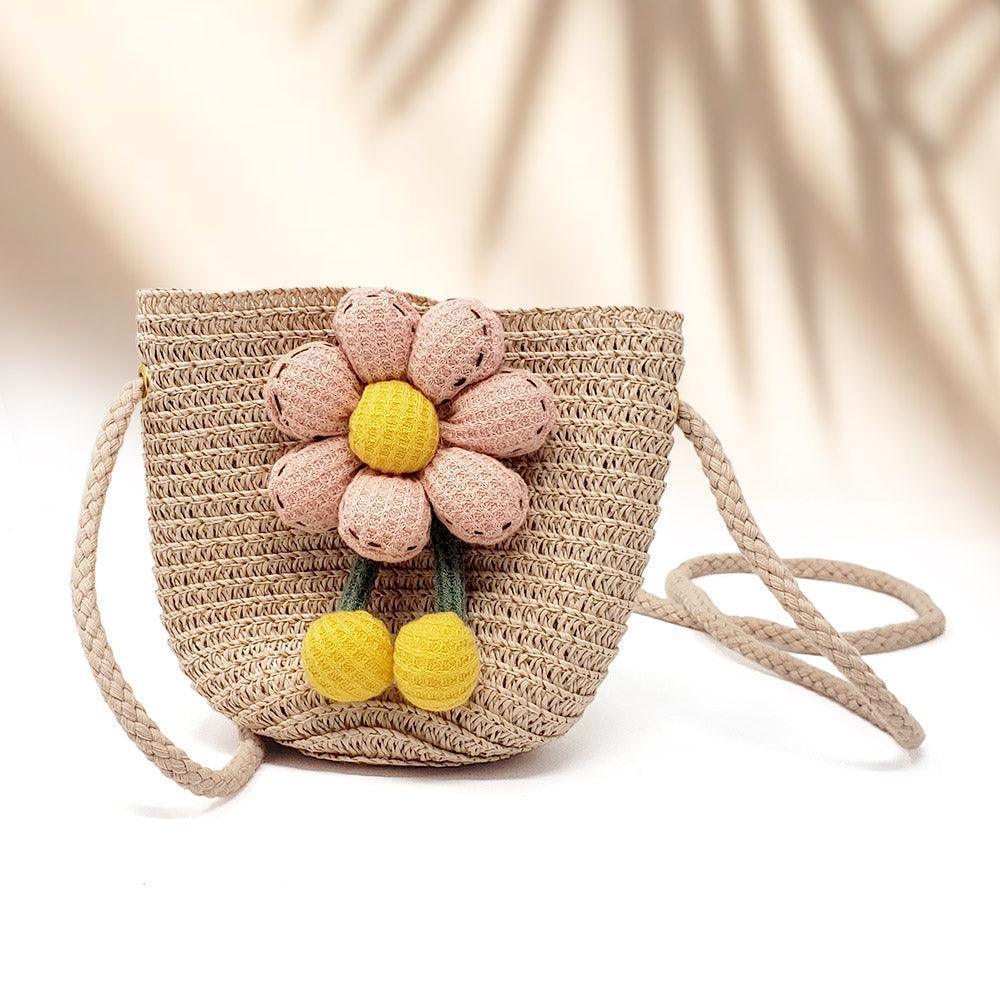 2 Pack Flower Accented Straw Kids Sun Hat Crossbody Bag Set - Jewelry Store by Erik Rayo