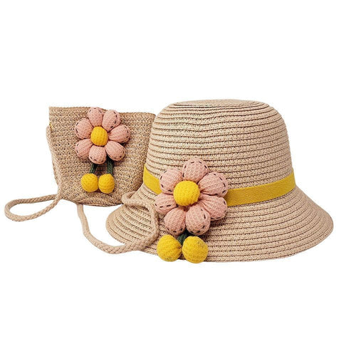 2 Pack Flower Accented Straw Kids Sun Hat Crossbody Bag Set - Jewelry Store by Erik Rayo