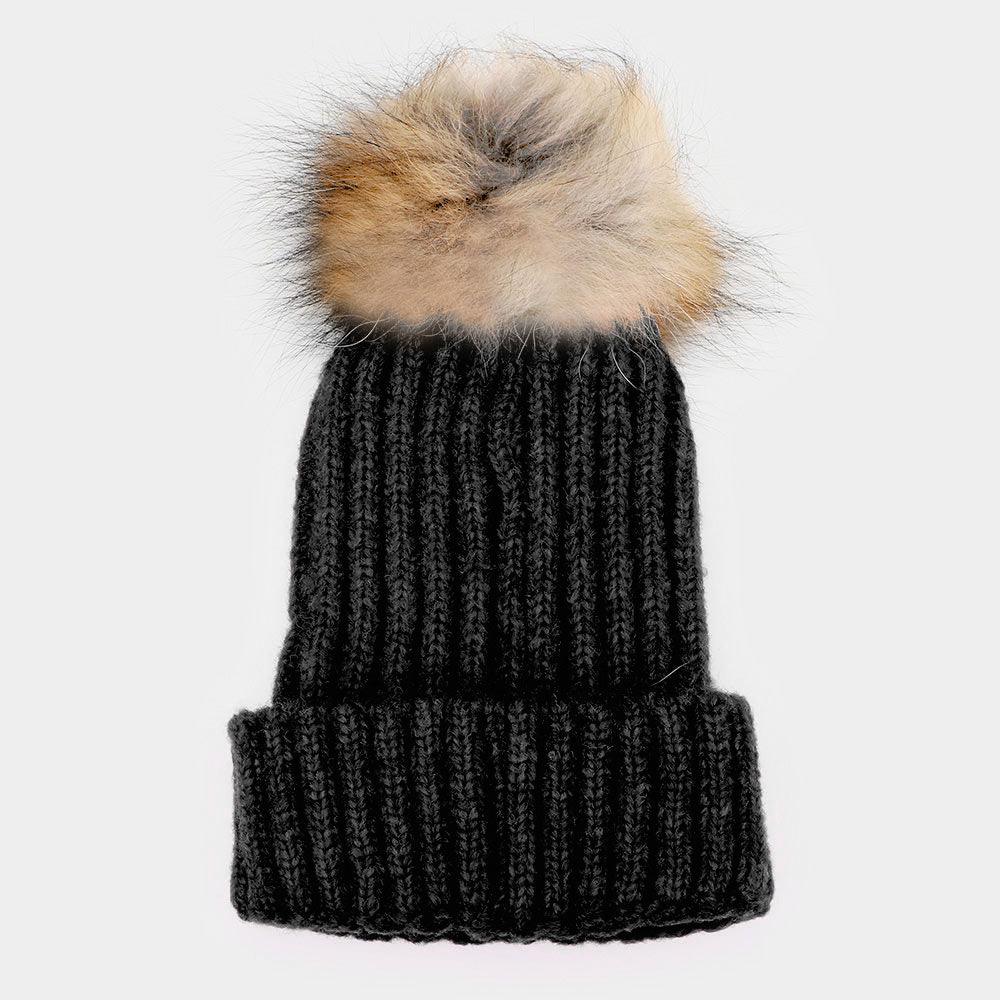 Raccoon Fur Pom Pom Beanie Hat