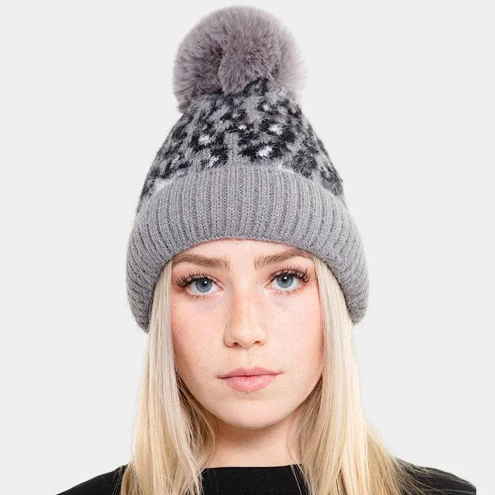 Leopard Patterned Fuzzy Fleece Pom Pom Beanie Hat - Jewelry Store by Erik Rayo