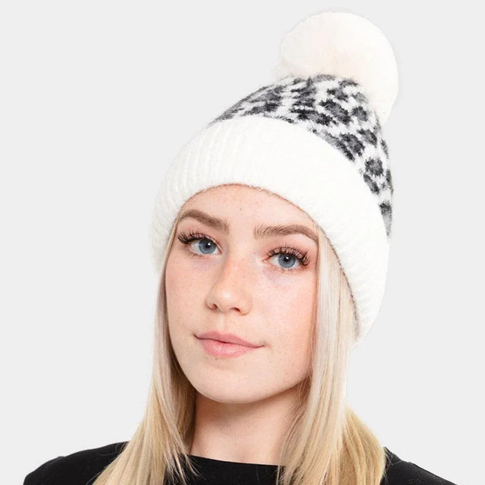 Leopard Patterned Fuzzy Fleece Pom Pom Beanie Hat - Jewelry Store by Erik Rayo