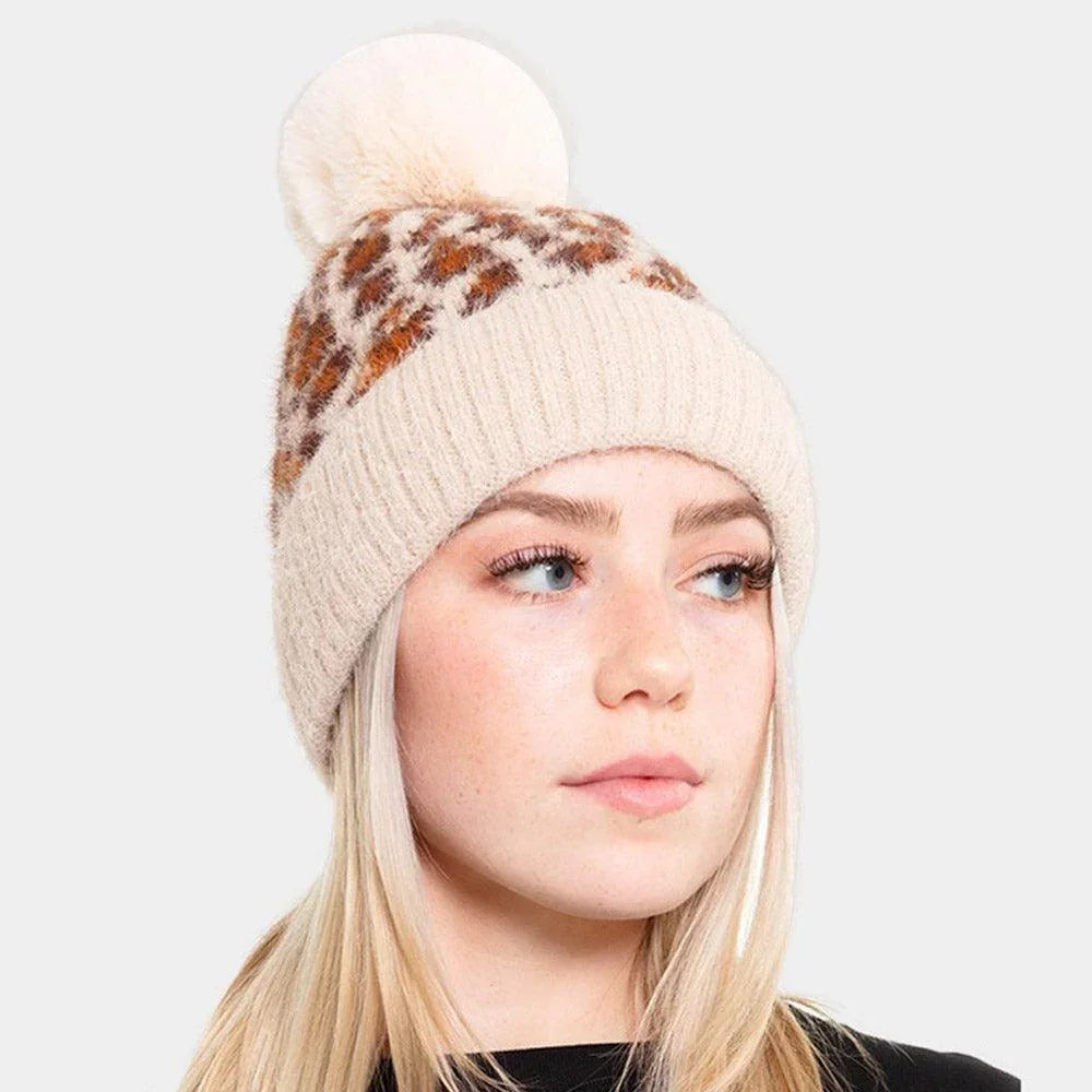 Leopard Patterned Fuzzy Fleece Pom Pom Beanie Hat - Jewelry Store by Erik Rayo