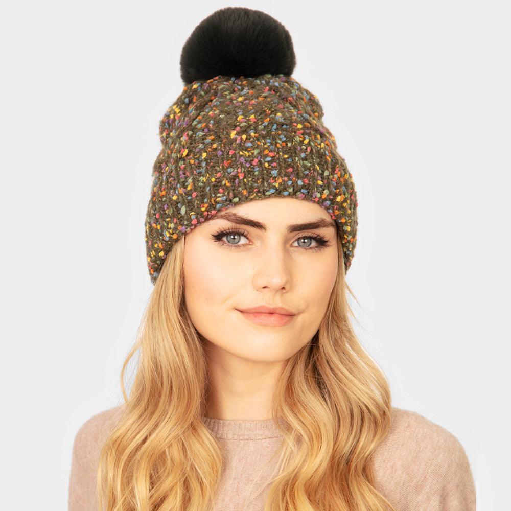 Confetti Cable Knit Pom Pom Beanie Hat - Jewelry Store by Erik Rayo