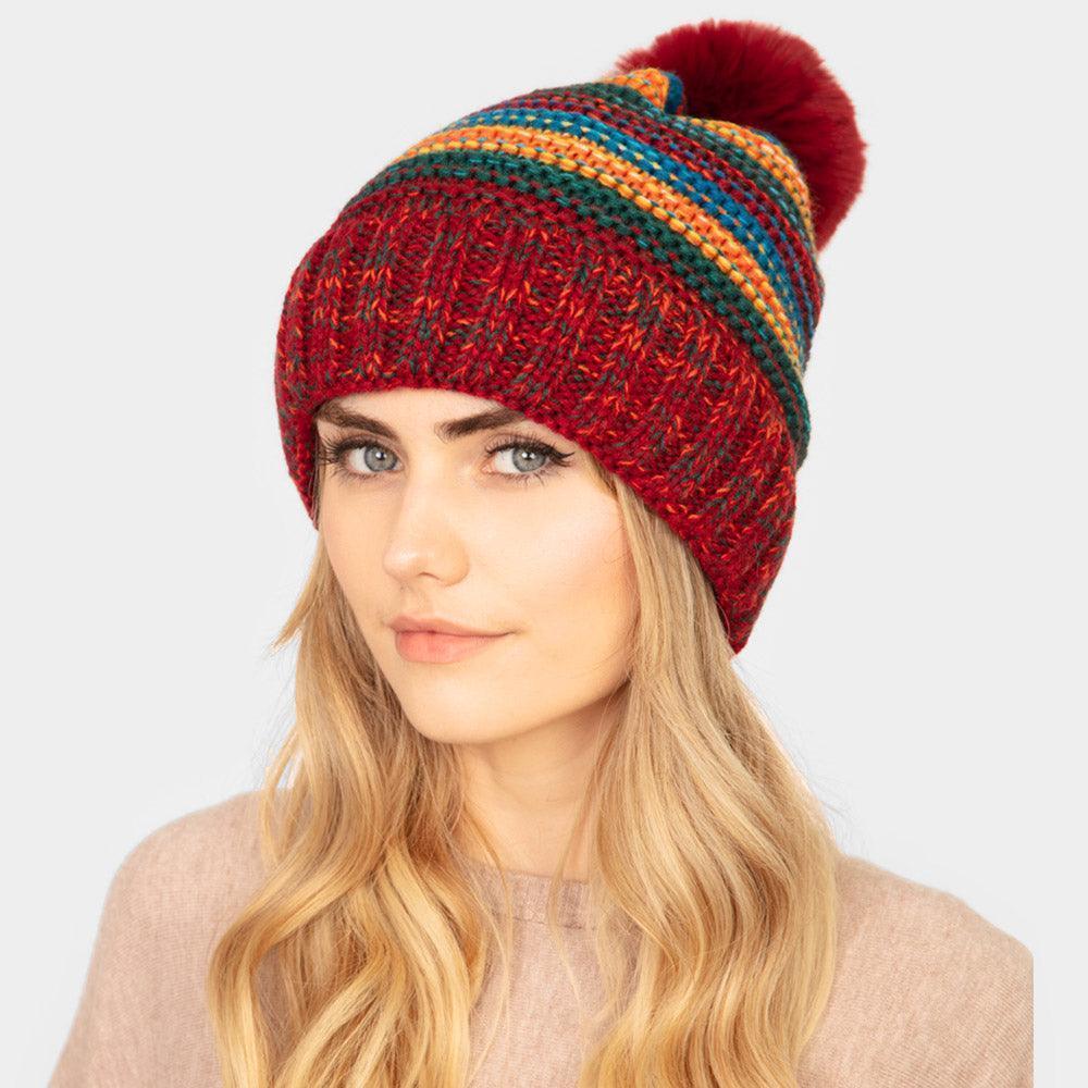 Multi Colored Striped Fleece Pom Pom Beanie Hat - Jewelry Store by Erik Rayo