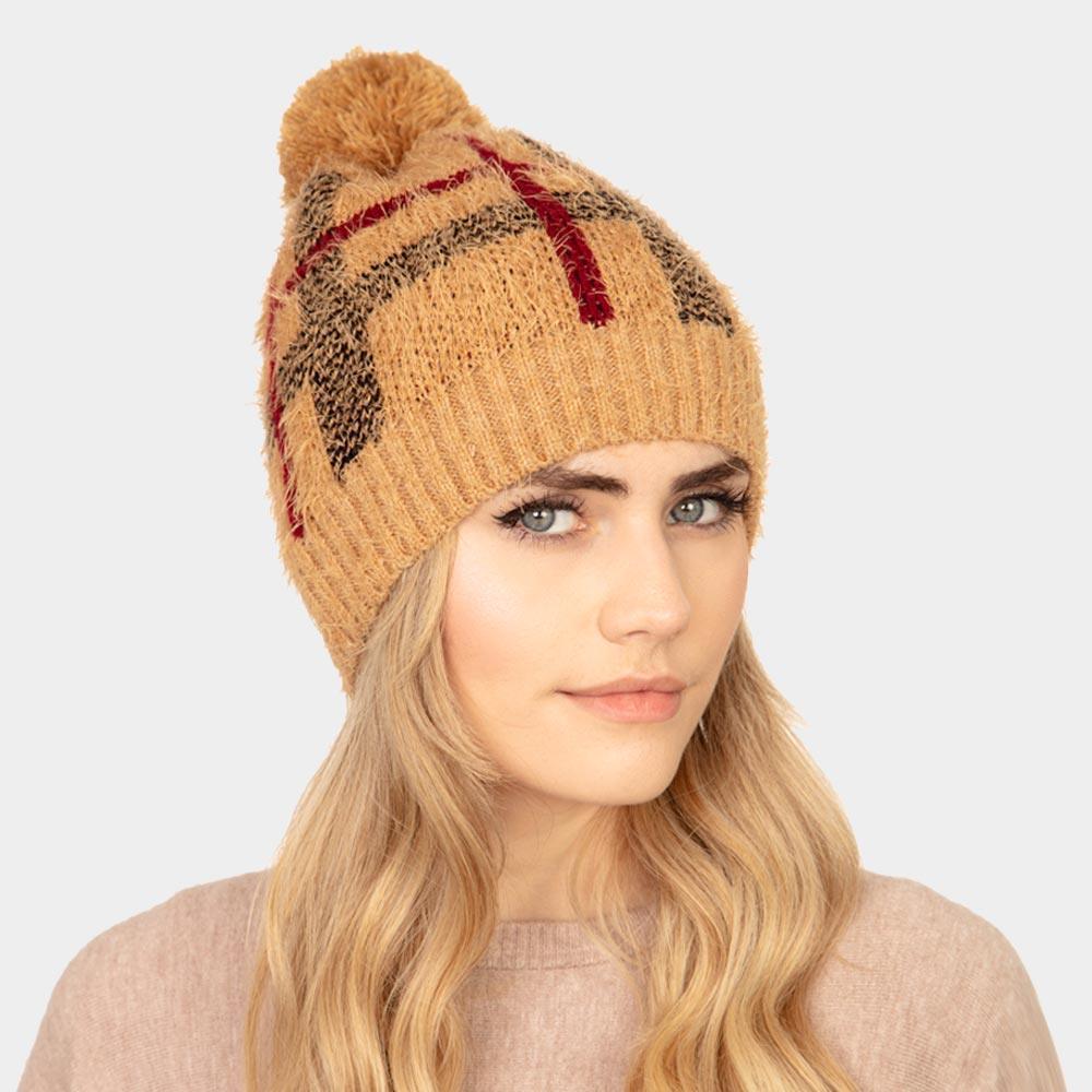 Plaid Check Patterned Pom Pom Beanie Hat - Jewelry Store by Erik Rayo