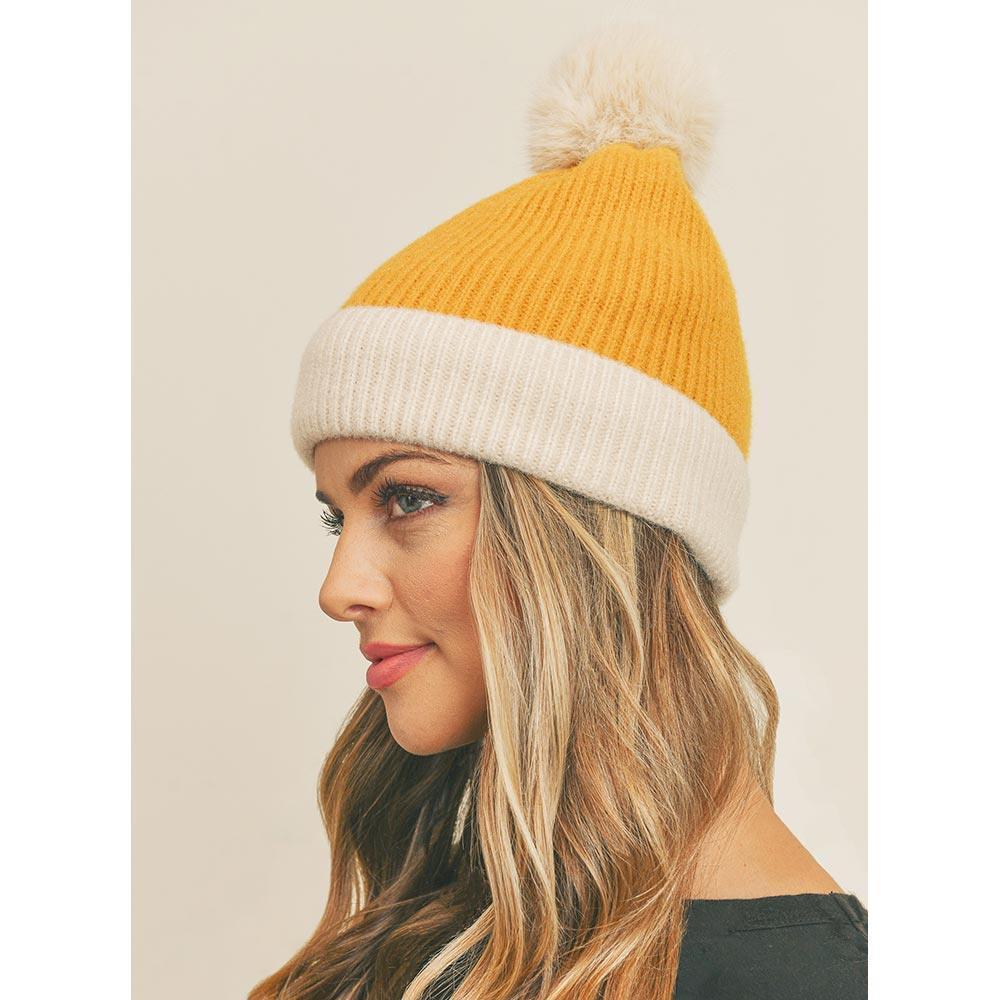 Two Tone Knit Pompom Beanie Hat - Jewelry Store by Erik Rayo