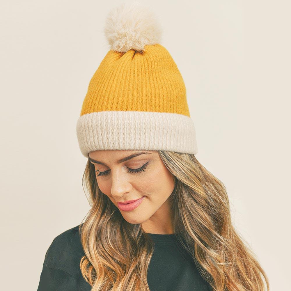 Two Tone Knit Pompom Beanie Hat - Jewelry Store by Erik Rayo