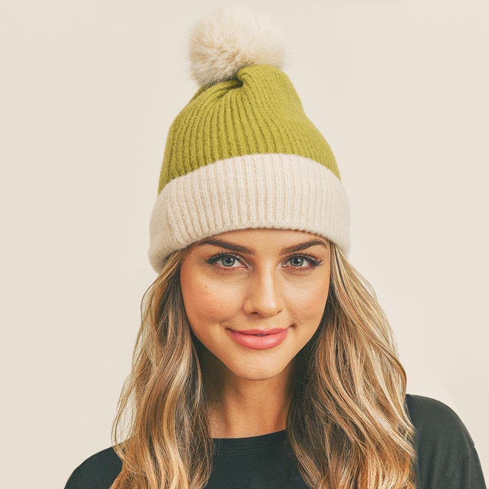 Two Tone Knit Pompom Beanie Hat - Jewelry Store by Erik Rayo