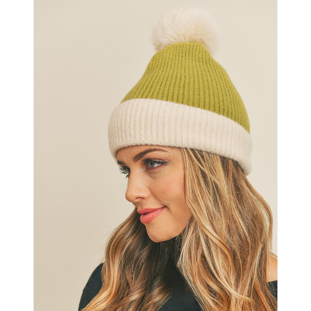 Two Tone Knit Pompom Beanie Hat - Jewelry Store by Erik Rayo