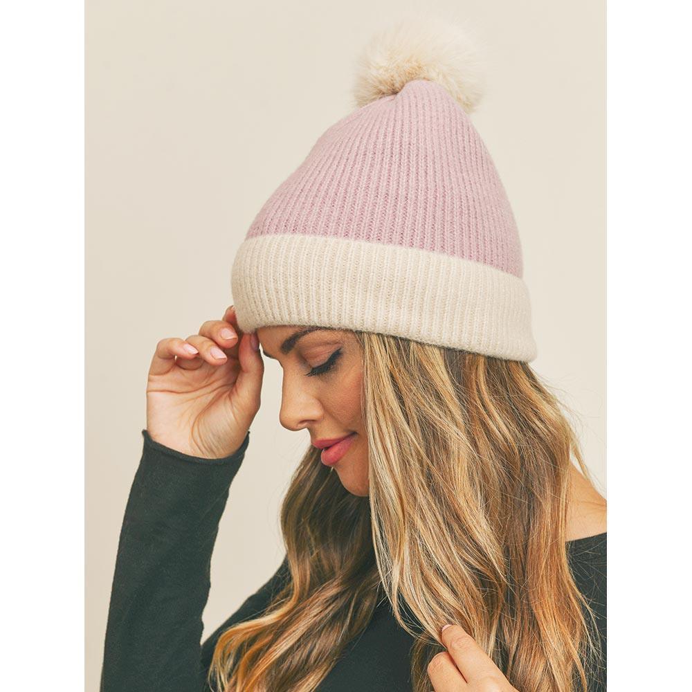 Two Tone Knit Pompom Beanie Hat - Jewelry Store by Erik Rayo