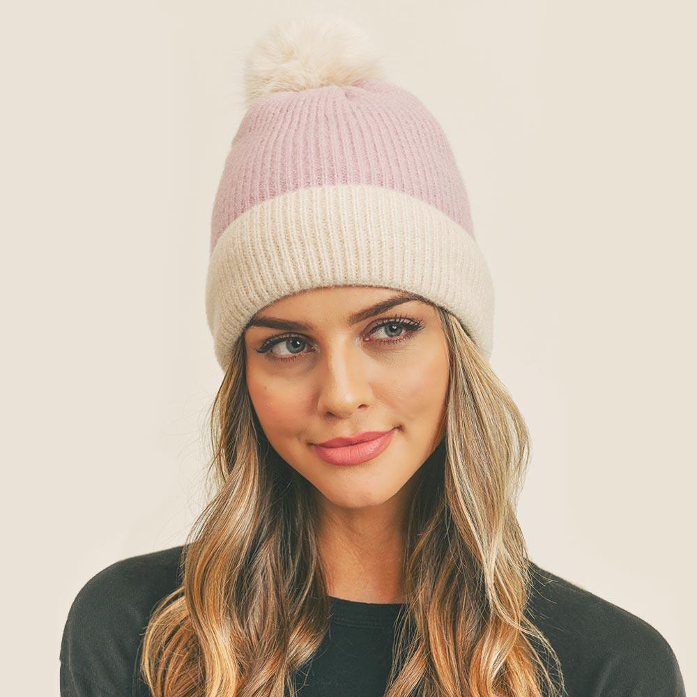 Two Tone Knit Pompom Beanie Hat - Jewelry Store by Erik Rayo