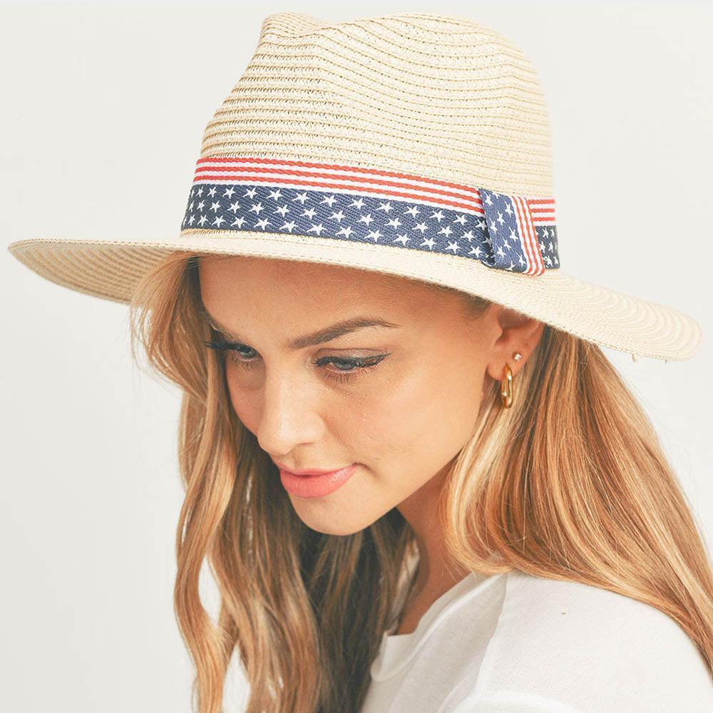American USA Flag Band Panama Straw Sun Hat - Jewelry Store by Erik Rayo