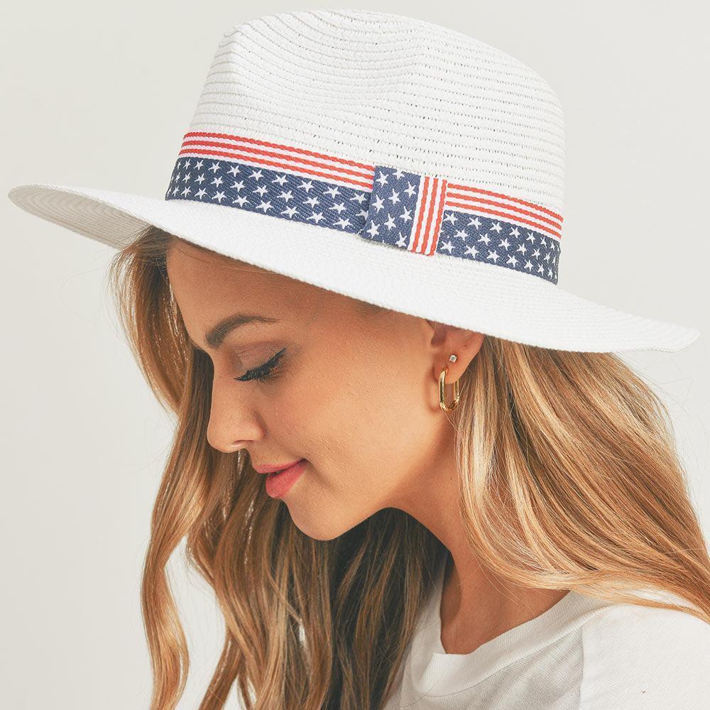 American USA Flag Band Panama Straw Sun Hat - Jewelry Store by Erik Rayo