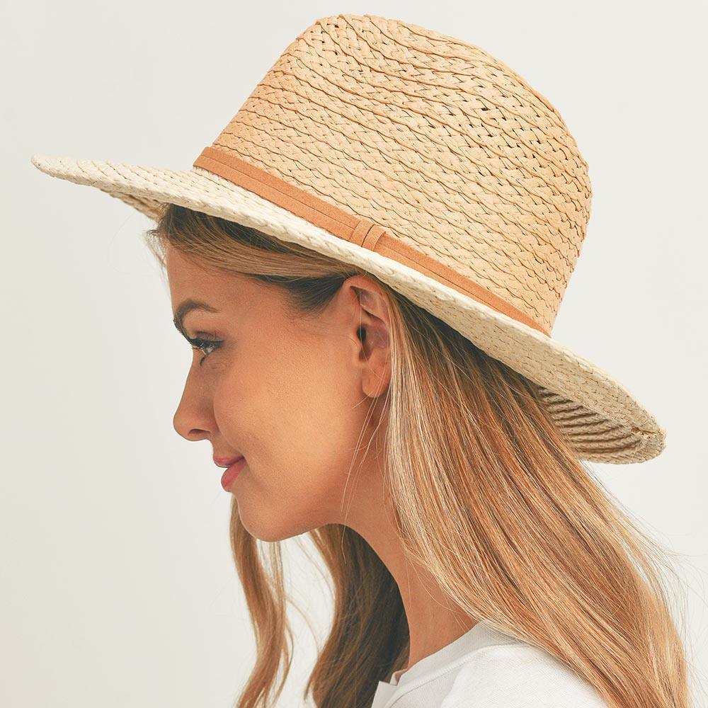 Faux Suede Double Band Two Tone Straw Sun Hat - Jewelry Store by Erik Rayo