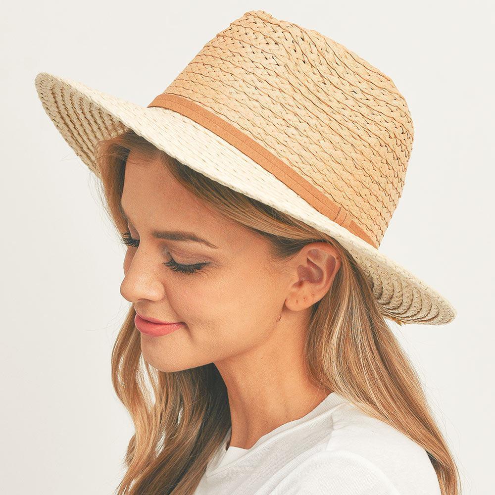 Faux Suede Double Band Two Tone Straw Sun Hat - Jewelry Store by Erik Rayo