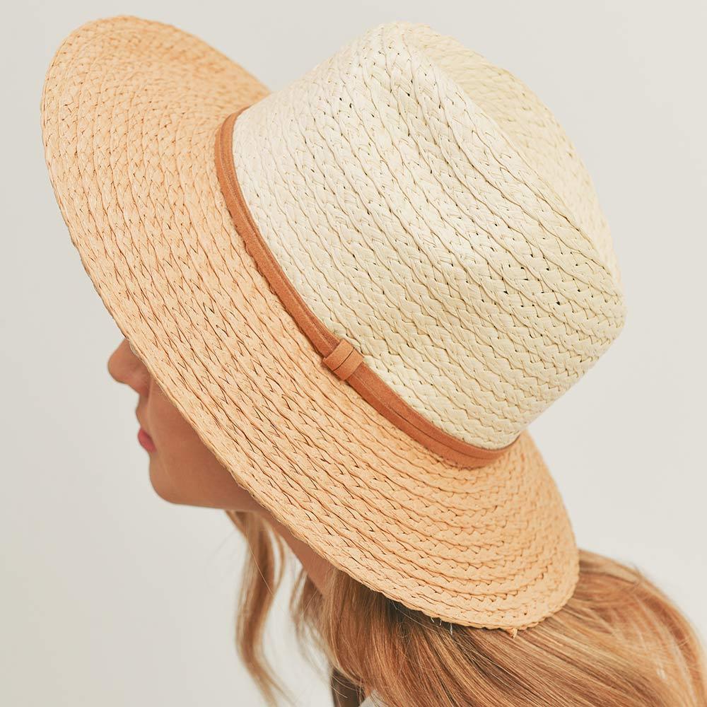 Faux Suede Double Band Two Tone Straw Sun Hat - Jewelry Store by Erik Rayo