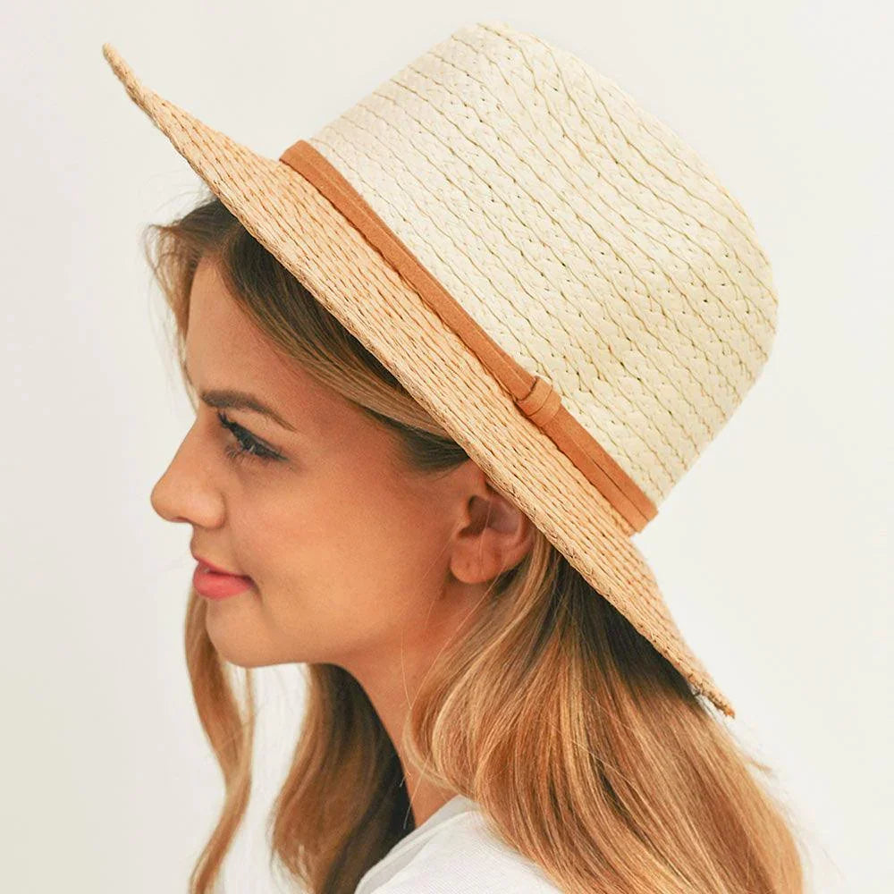 Faux Suede Double Band Two Tone Straw Sun Hat - Jewelry Store by Erik Rayo