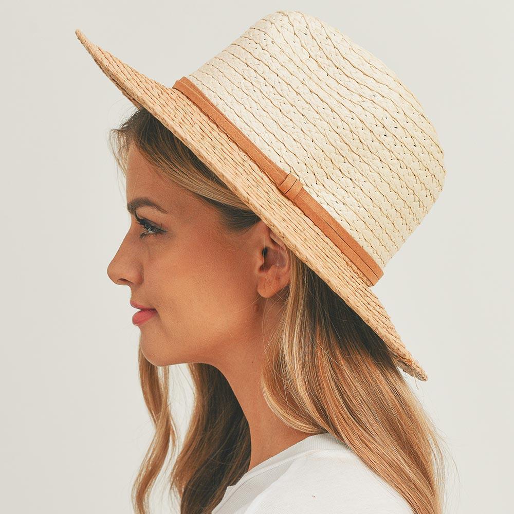 Faux Suede Double Band Two Tone Straw Sun Hat - Jewelry Store by Erik Rayo