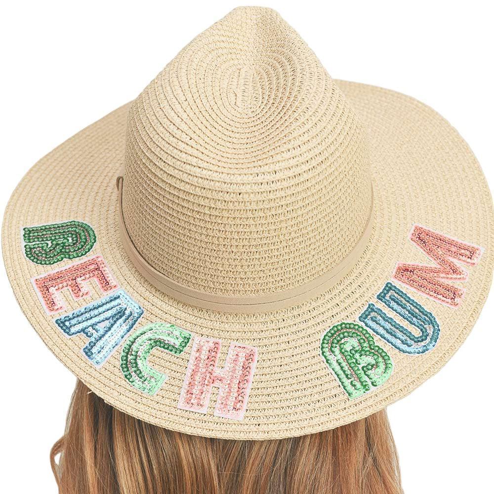 Beach Bum Sequin Message Straw Panama Sun Hat - Jewelry Store by Erik Rayo