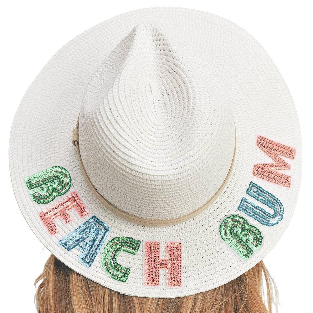 Beach Bum Sequin Message Straw Panama Sun Hat - Jewelry Store by Erik Rayo