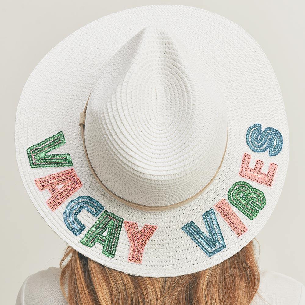 Vacay Vibes Sequin Message Straw Panama Sun Hat - Jewelry Store by Erik Rayo