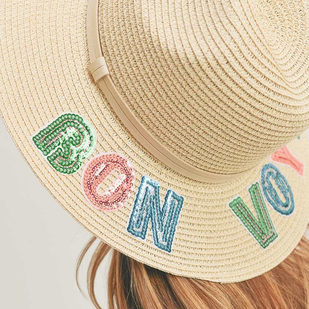 Bon Voyage Sequin Message Straw Panama Sun Hat - Jewelry Store by Erik Rayo
