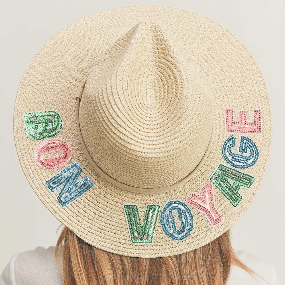 Bon Voyage Sequin Message Straw Panama Sun Hat - Jewelry Store by Erik Rayo