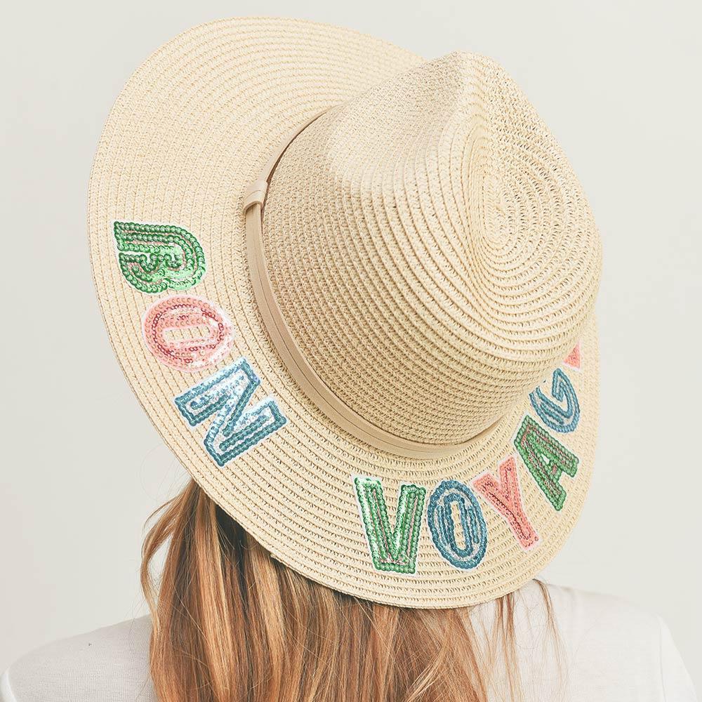 Bon Voyage Sequin Message Straw Panama Sun Hat - Jewelry Store by Erik Rayo