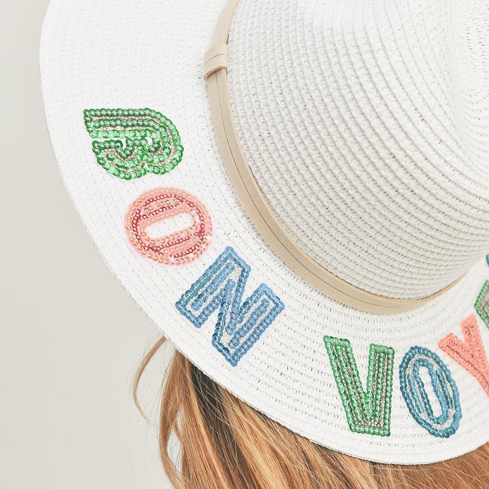 Bon Voyage Sequin Message Straw Panama Sun Hat - Jewelry Store by Erik Rayo