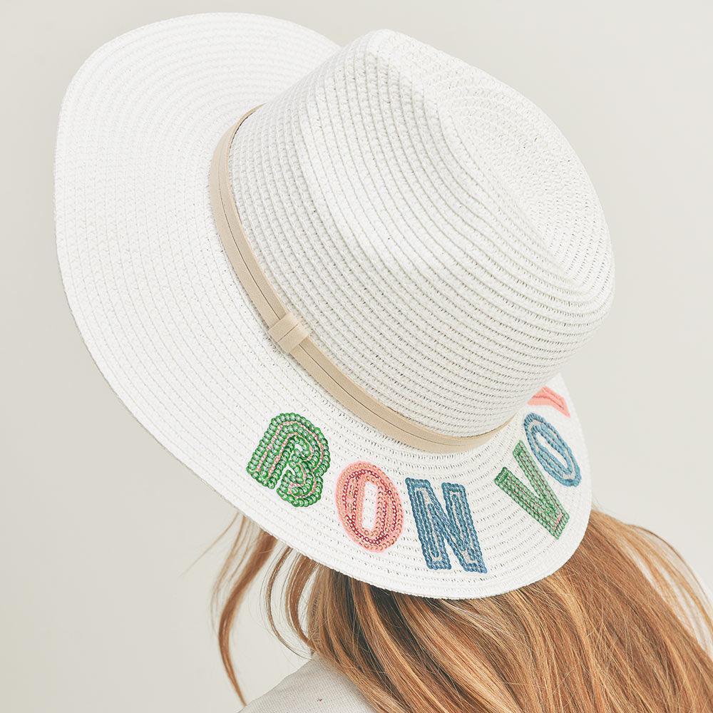 Bon Voyage Sequin Message Straw Panama Sun Hat - Jewelry Store by Erik Rayo