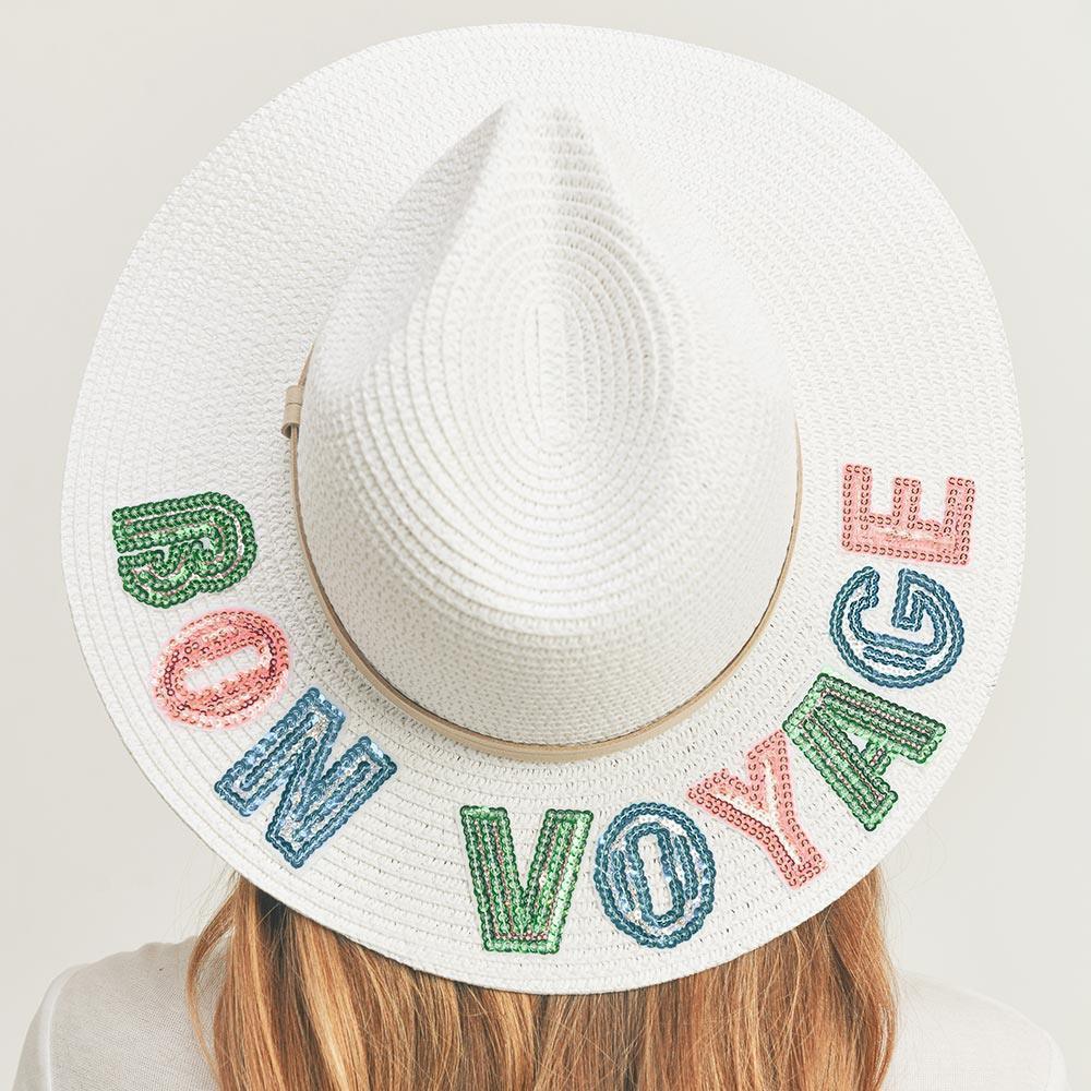 Bon Voyage Sequin Message Straw Panama Sun Hat - Jewelry Store by Erik Rayo