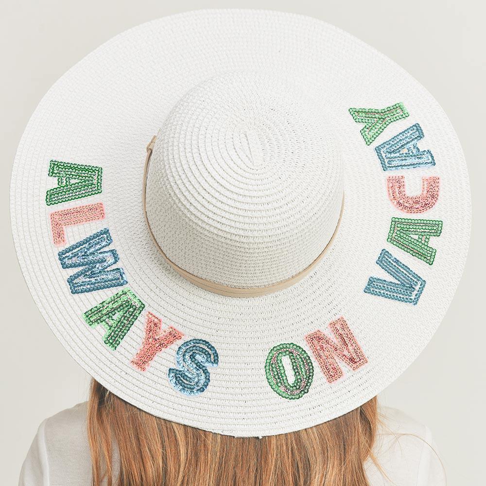 Always On Vacay Sequin Message Straw Panama Sun Hat - Jewelry Store by Erik Rayo