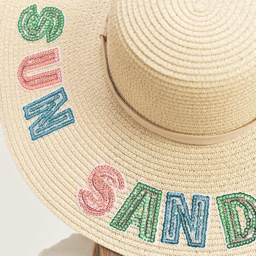 Sun Sand Sea Sequin Message Straw Panama Sun Hat - Jewelry Store by Erik Rayo