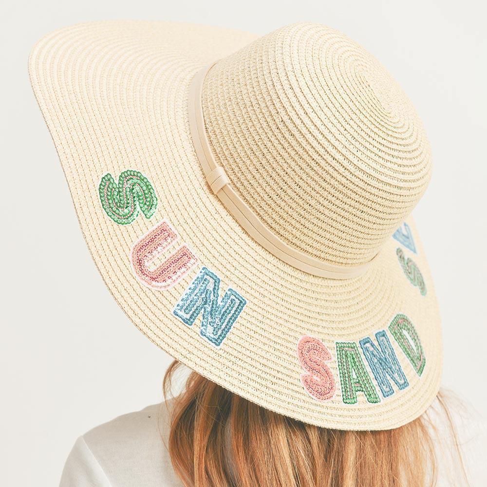 Sun Sand Sea Sequin Message Straw Panama Sun Hat - Jewelry Store by Erik Rayo