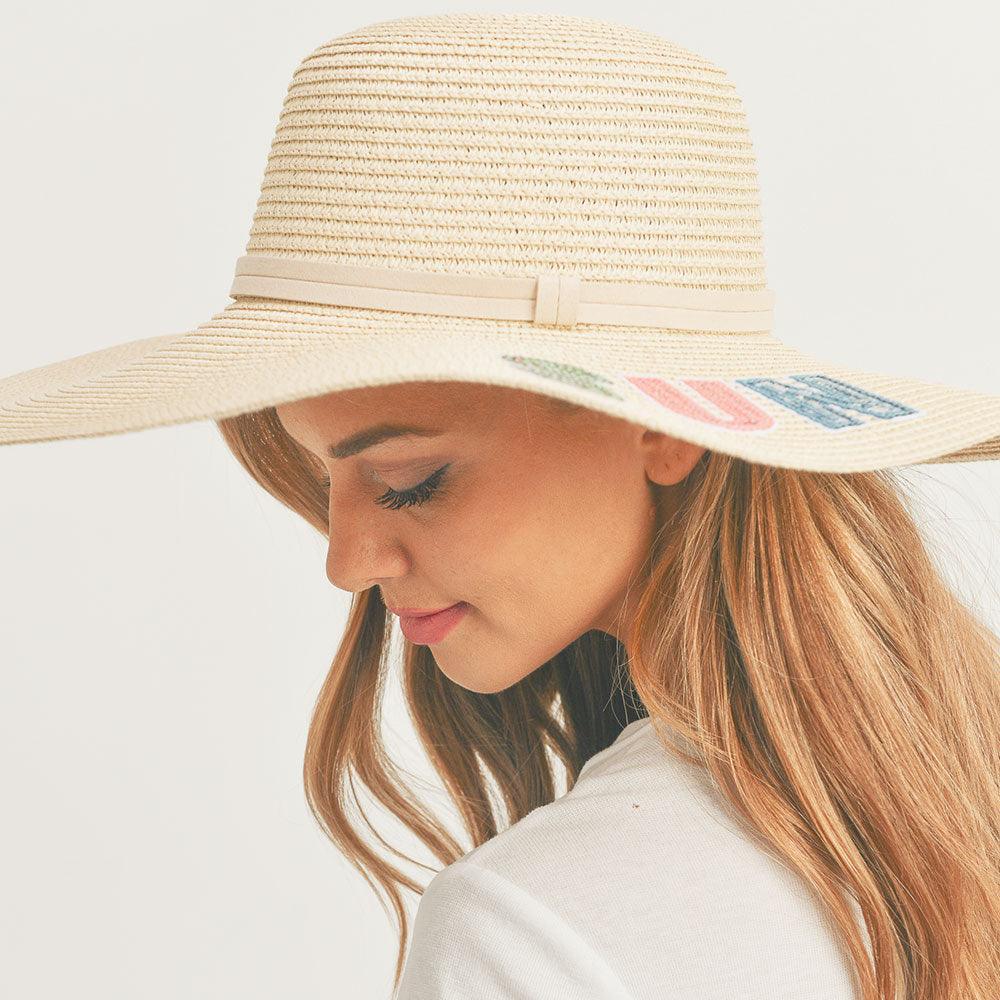 Sun Sand Sea Sequin Message Straw Panama Sun Hat - Jewelry Store by Erik Rayo