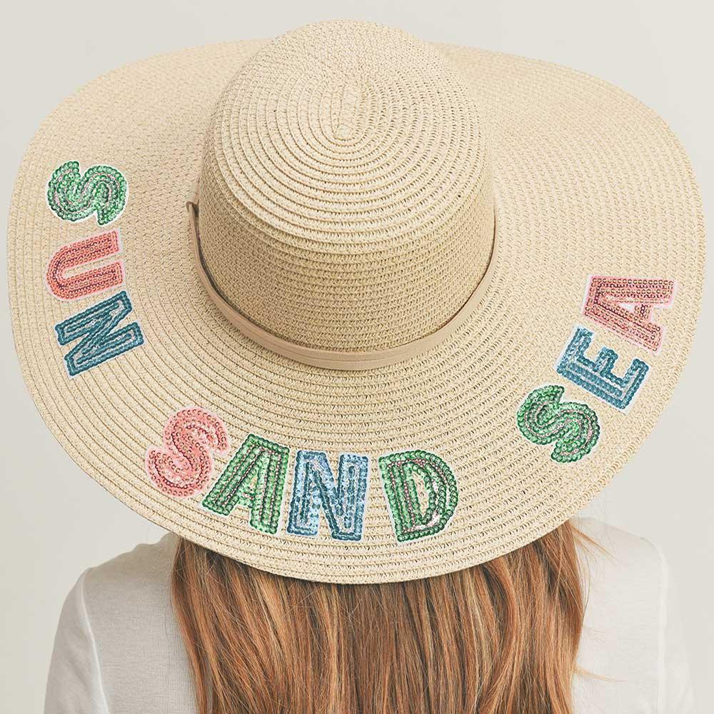 Sun Sand Sea Sequin Message Straw Panama Sun Hat - Jewelry Store by Erik Rayo