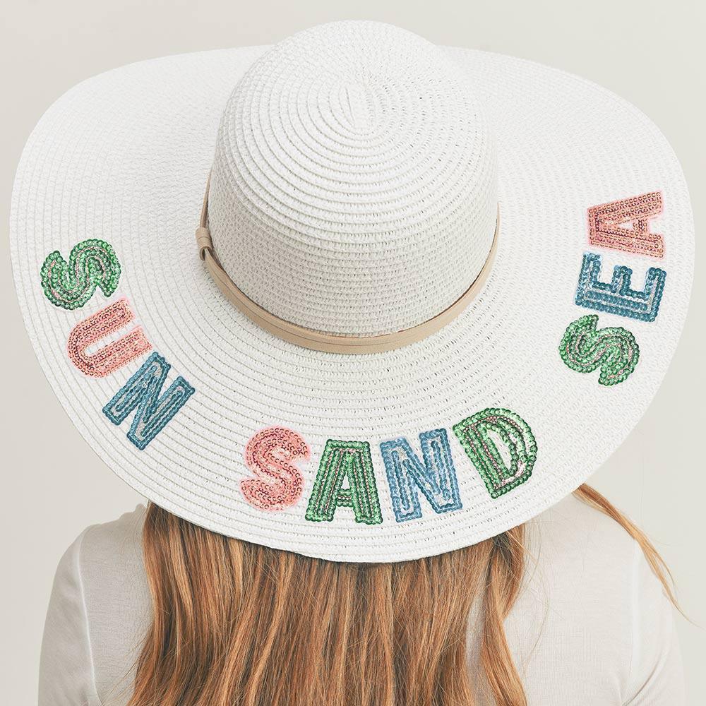 Sun Sand Sea Sequin Message Straw Panama Sun Hat - Jewelry Store by Erik Rayo