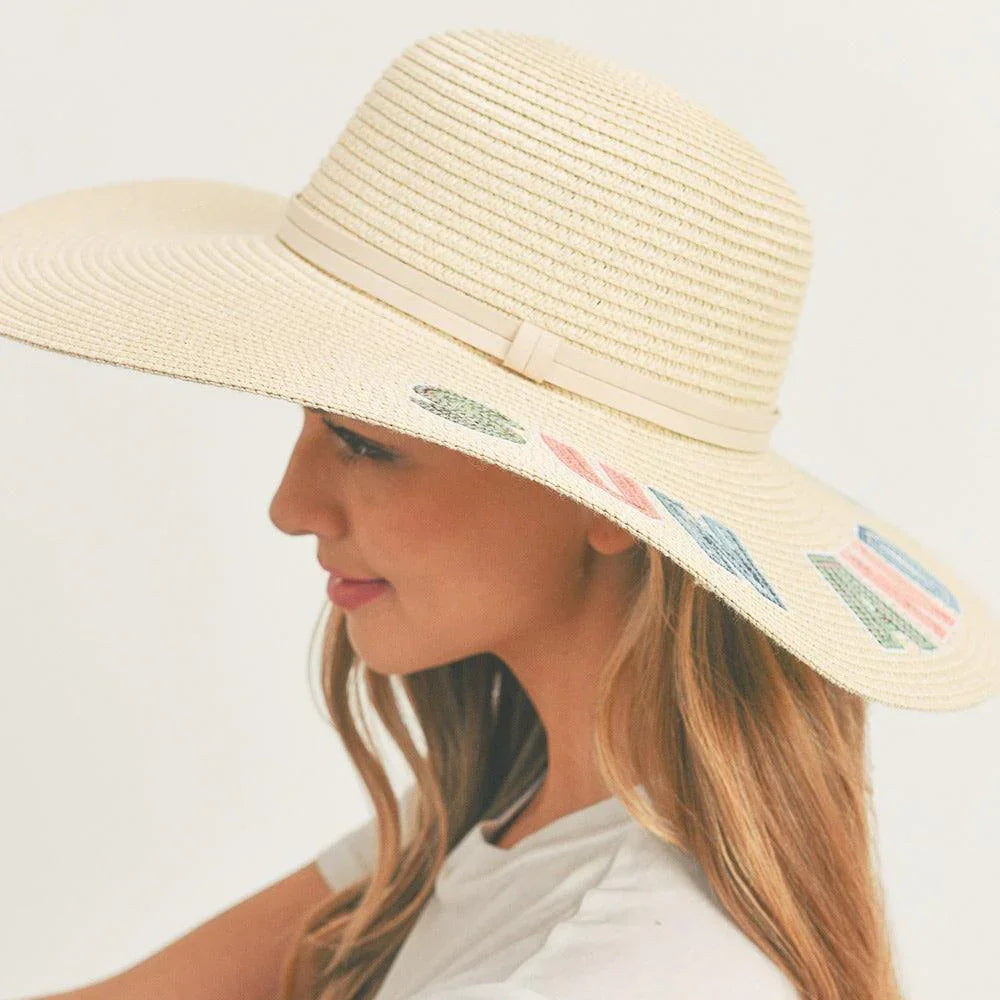 Sun And Fun Sequin Message Straw Panama Sun Hat - Jewelry Store by Erik Rayo