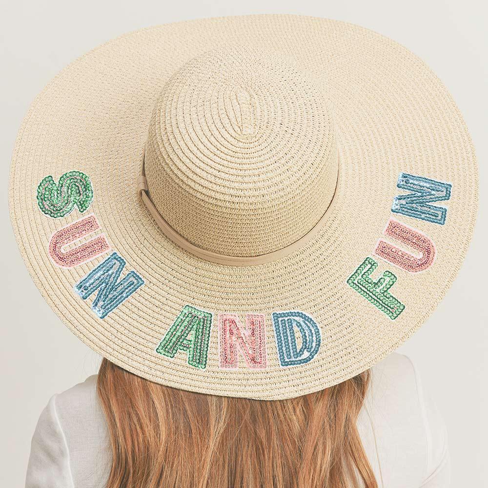 Sun And Fun Sequin Message Straw Panama Sun Hat - Jewelry Store by Erik Rayo