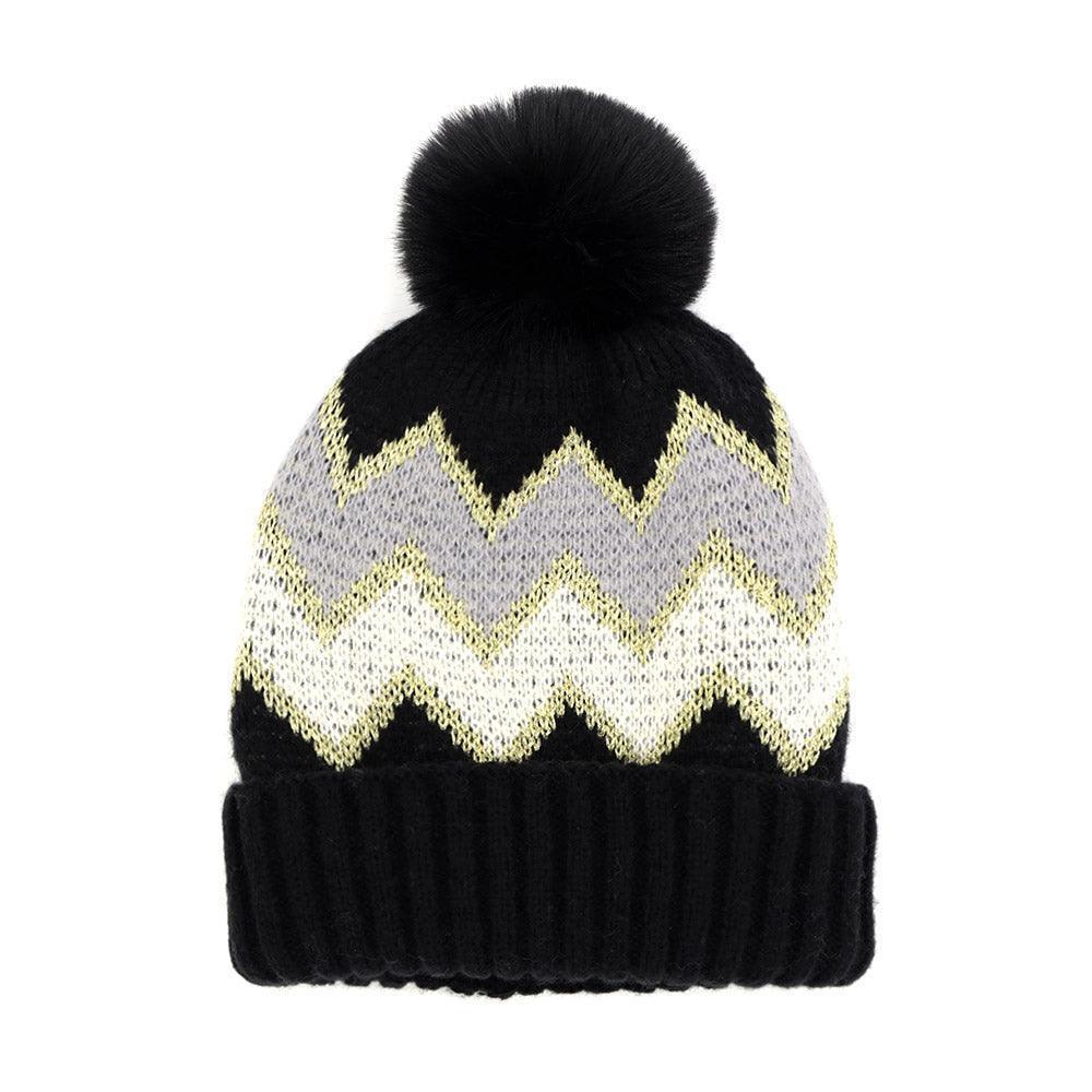 Zigzag Chevron Patterned Fuzzy Fleece Pom Pom Beanie Hat - Jewelry Store by Erik Rayo